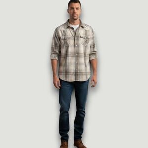 American Rag Shirt Mens M Tan Cotton Plaid Button Down Casual Americana Neutral